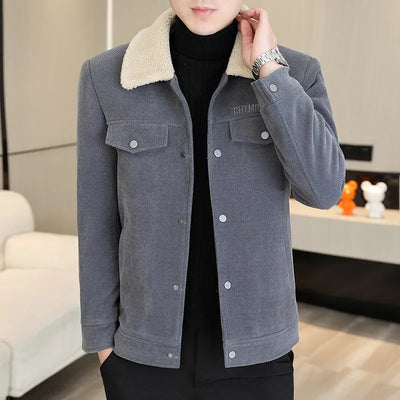 Men's Lapel Pure Color Ribbon Fur Collar Fleece Warm Jacket