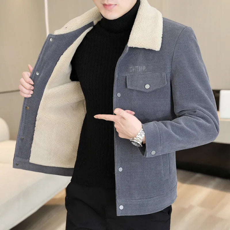 Men's Lapel Pure Color Ribbon Fur Collar Fleece Warm Jacket