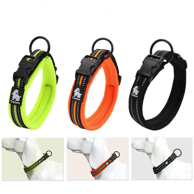 Reflective 3M padded dog collars in neon yellow, orange, and black for safety and comfort.