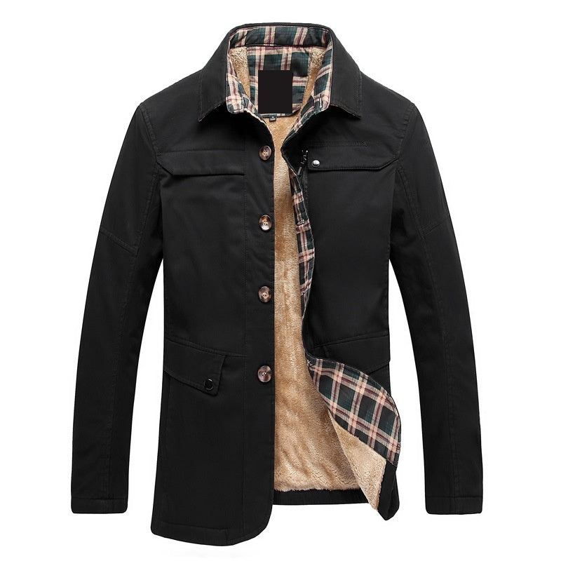 Fleece-lined Thickened Men's Washed Jacket Korean Style Slim Fit Trench Coat Men's